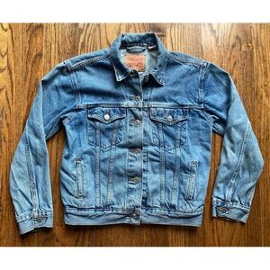 Levis Denim Trucker Jacket Womens Size Small Ex Boyfriend Blue Medium Wash